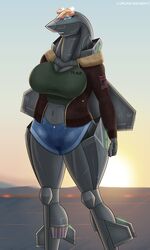 a_drunk_dragon aeromorph aircraft airplane big_breasts blue_eyes eyewear_on_head f-22 f22 f22_raptor humanoid humanoidized jacket living_aircraft living_machine runway shorts sunglasses sunglasses_on_head thick_thighs