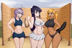 1boy 2girls beach before_sex bulge bulge_through_clothing cleavage dark-skinned_female dark_hair dark_skin female femboy femboy_on_female fit fit_female gyaru imminent_rape imminent_sex komi-san_wa_komyushou_desu komi_shouko long_hair male manbagi_rumiko notkadraw osana_najimi rope short_hair strap-on swimsuit trap