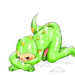 blush covered_in_cum cum dino_(pop'n_music) dinosaur green_scales male pop'n_music red_eyes scalie simple_background solo spikes white_background zax_(artist)