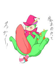 anal_sex blush candy_cane cape dino_(pop'n_music) dinosaur hat hyper_penis japanese_text large_penis male_only object_insertion pop'n_music red_eyes scalie spikes tail tongue_out white_background wink zax_(artist)