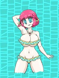 2021 aqua_eyes beach beatriz_(metal_slug) big_breasts bikini clenched_teeth looking_at_viewer metal_slug metal_slug_attack pink_hair seductive short_hair small_bikini snk summer yellow_bikini yellow_panties