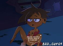 1boy 1girls bad_guy69 brown_hair dark-skinned_female dark_nipples dark_skin dialogue female female_focus invader_zim penis recap_kid sweater sweater_only tagme text