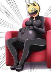 1girls absurdres big_breasts bodysuit breasts celty_sturluson durarara!! female female_only highres huge_belly large_breasts megaxverse pregnant ready_to_pop solo