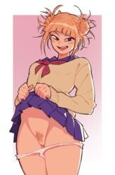 1girls black_eyes blonde_hair boku_no_hero_academia clothed clothing color double_bun female female_only himiko_toga himiko_toga_(villian_outfit) innie_pussy messy_hair my_hero_academia open_mouth panties pants_down partially_clothed pubic_hair pussy short_hair simple_background skirt_lift solo standing suoiresnu thick_thighs thighs uniform vagina