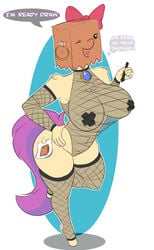 absurd_res anthro breasts clothing cutie_mark english_text equid equine fan_character female fishnet fishnet_armwear fishnet_clothing fishnet_legwear hasbro hat headgear headwear hi_res horse legwear leotard mammal my_little_pony nipple_outline nipple_tape paper_bag_(oc) paper_hat pasties pony pose solo stylus tape tatemil text thought_bubble