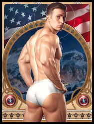 1boy american_flag ass back_muscles back_view bara biceps big_ass big_butt blonde blonde_hair blue_eyes briefs briefs_only bubble_ass bubble_butt captain_america captain_america_(series) celebrity chris_evans dat_ass fuhrerdoodles hand_on_hip hands_on_hips human human_only light-skinned_male light_skin looking_at_viewer looking_back male male_focus male_only marvel muscle muscles muscular muscular_back muscular_male nipples pecs pose posing presenting presenting_ass presenting_butt sidepec solo solo_focus solo_male standing steve_rogers thick_ass thick_thighs topless underwear underwear_only veins veiny veiny_muscles white_briefs white_underwear