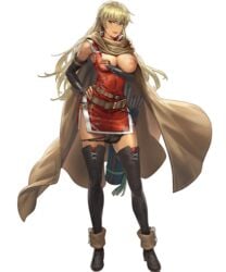 1girls black_panties blonde_hair cuboon dark-skinned_female dark_skin edit female fire_emblem fire_emblem:_the_binding_blade fire_emblem_heroes huge_breasts igrene_(fire_emblem) looking_at_viewer nipples official_art one_breast_out panties panties_down smile underwear