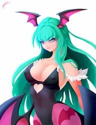 1girls big_breasts breast_grab capcom cleavage clothed clothing darkstalkers digital_drawing_(artwork) erect_nipples erect_nipples_under_clothes female_only green_eyes hotpinkevilbunny large_breasts medium_breasts morrigan_aensland nipple_bulge nipples pinup simple_background solo solo_female succubus thick_thighs thighs tight_clothing white_background wide_hips wings