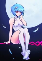 1girls ass big_ass big_butt blue_hair boobs breasts butt cleavage clothing digital_drawing_(artwork) feathers female female_only functionally_nude hotpinkevilbunny moon neon_genesis_evangelion night night_sky pinup plugsuit red_eyes rei_ayanami sky small_breasts solo solo_female thick thick_penis thighs tight_clothing white_clothing