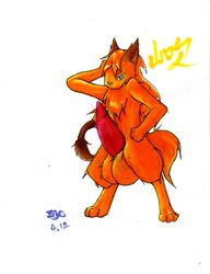 blue_eyes fox furry huge_balls huge_cock male orange_fur pop'n_music simple_background solo traditional_media_(artwork) vulpine white_background yamabuki zax_(artist)