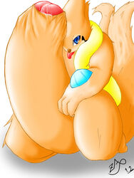 blue_eyes bushy_tail floatzel furry hyper hyper_penis large_penis male orange_fur pokemon pokemon_dppt precum solo tongue_out uncut zax_(artist)