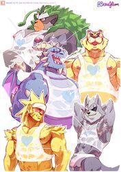 5boys abs animal_crossing animal_humanoid anthro artist_name artist_signature bara barely_visible_genitalia barely_visible_penis beaugilliam canine clothing crossover dragon eye_patch eyewear gay genitals group hi_res humanoid male male_only mammal muscles muscular muscular_male nintendo nipples pecs penis pokémon_(species) pokemon rillaboom shirt star_fox topwear translucent translucent_clothing tybalt_(animal_crossing) underwear unknown_character video_games water wet wet_clothing wet_shirt wet_topwear wet_underwear wolf wolf_o'donnell