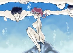 1girls breasts bubble clones dream genderswap_(mtf) hanako_(artist) nipples nude on_rock pigtail ranma-chan ranma_1/2 ranma_saotome red_hair rule_63 small_breasts tatewaki_kuno underwater water