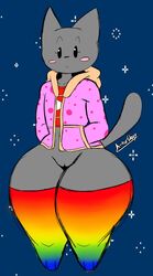 arthurclaws bottom_heavy bottomless cheeks clothed clothing ear felid feline felis female flat_chest fur furry furry_only hoodie legwear looking_at_viewer nyan_cat partially_clothed pussy rainbow_socks solo space tail thick_thighs thighs thunder_thighs topwear wide_hips