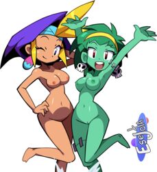 2girls blonde_hair breasts esejota green_hair green_skin multiple_girls nude purple_eyes pussy red_eyes rottytops shantae sky_(shantae) smooth_skin