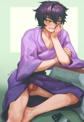 balls ballsack bludwing bored bulge dick dick_slip indie_virtual_youtuber male male_only male_with_painted_nails penis phone purple_eyes purple_hair purple_nails robe shoto shoto_(vtuber) shxtou slip virtual_youtuber