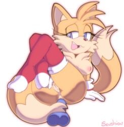 anthro ass breast canid canine dildo dildo_in_ass exposed_torso eyelashes footwear fox handwear mostly_nude open_mouth open_smile pussy pussy_juice rule_63 senshion sex_toy smile sonic_(series) sonic_the_hedgehog_(series) stockings tails tailsko tongue white_body yellow_body