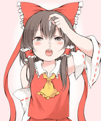 bare_shoulders blush brown_hair condom drinking_from_condom female nanana_(chicken_union) red_ribbon reimu_hakurei ribbon simple_background solo touhou used_condom white_background