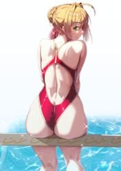 1girls ass ass_support big_ass big_butt blonde_hair butt competition_swimsuit curvaceous curvy fate/grand_order fate_(series) female female_only green_eyes happymonk looking_back nero_claudius_(fate) one-piece_swimsuit solar_(happymonk) solo solo_female swimsuit thick thick_ass