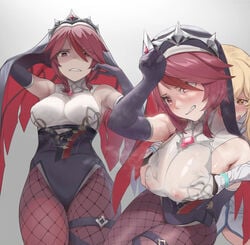 2girls blonde_hair blush breasts clothed clothes clothing crown eyes_open female female_only fishnets flustered fondling genshin_impact long_hair lumine_(genshin_impact) multiple_girls nun padoruu purple_eyes purple_hair rosaria_(genshin_impact) see-through see-through_clothing teeth yuri