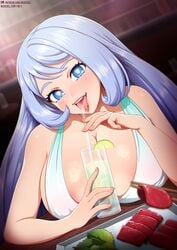 1girls absurd_res bangs blue_eyes blurry_background blurry_foreground breasts chopsticks dress drinking drinking_glass drinking_straw female food heart-shaped_pupils hi_res huge_breasts indoors light-skinned light-skinned_female long_hair looking_at_viewer my_hero_academia nejire_hado neocoill purple_hair sleeveless