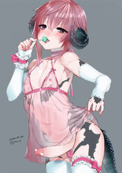 1boy armpits bangs bare_shoulders blush brown_hair candy censored choker curled_horns dated detached_sleeves dragon_horns dragon_tail eating erection eyebrows_visible_through_hair femboy food frills girly grey_background hair_between_eyes heart heart_censor highres holding holding_candy holding_food holding_lollipop horns leg_garter licking lingerie lollipop looking_at_viewer navel negligee nightgown nipples nose_blush original otoko_no_ko panties penis pink_panties purple_choker purple_eyes purple_hair saliva scales see-through short_hair_with_long_locks simple_background sleeves_past_wrists solo stomach tail tawapo thighhighs tongue tongue_out trap twitter_username underwear white_legwear white_sleeves