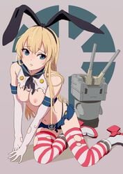 10s :3 absurdres anchor arm_support blonde_hair blue_eyes boots breasts elbow_gloves female gloves hair_ribbon hairband highres kantai_collection long_hair miniskirt navel nipples panties rensouhou-chan ribbon s_sasaki_09140 sailor_collar shimakaze_(kantai_collection) skirt socks striped striped_legwear thighhighs thong torn_clothes underwear