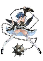 10s 1_horn absurdres areolae armpits ball_and_chain_(weapon) blue_eyes blue_hair breasts breasts_out chains detached_sleeves dress female flail frilled_dress frilled_sleeves frills garter_belt hair_ornament hair_ribbon hairclip highres horn large_breasts maid matching_hair/eyes nipples oni_horns open_mouth outstretched_arms pussy re:zero_kara_hajimeru_isekai_seikatsu rem_(re:zero) ribbon short_hair simple_background solo spread_legs thighhighs uncensored weapon white_legwear