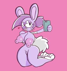 anthro areola ass bandage big_areola big_breasts big_butt big_nipples big_tail breasts bunny_enid cartoon_network enid female fur genitals hair half-closed_eyes heart hi_res lagomorph leporid mammal narrowed_eyes nipples nude ok_k.o.!_let's_be_heroes pawpads phone pink_background purple_body purple_fur purple_hair pussy rabbit signature simple_background smile solo squint thick_thighs tongue tongue_out were whiskers wide_hips zdarc