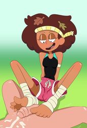 1boy1girl 1girls amphibia anne_boonchuy bandaged_foot cum cum_on_feet dark-skinned_female disney disney_channel feet feet_on_penis female footjob fully_clothed leaf leaves_in_hair looking_at_penis nude_male penis smooth_skin swimming_trunks thai thrumbo toes