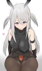 1girls animal_ear_fluff animal_ears arknights armband big_breasts breasts bunny_ears bunny_girl clothing cute dark-skinned_male dark_skin donutman elbow_gloves female female_only gloves grey_eyes grey_hair hair_over_one_eye half-closed_eyes heart huge_breasts large_breasts light-skinned_female light_skin long_hair looking_at_partner looking_at_penis looking_down naughty_face nipples_visible_through_clothing pantyhose penis_between_legs penis_between_thighs rabbit_ears rabbit_girl savage_(arknights) seductive seductive_pose seductive_smile simple_background solo solo_female thick_legs thick_thighs thigh_job thigh_sex voluptuous wide_hips