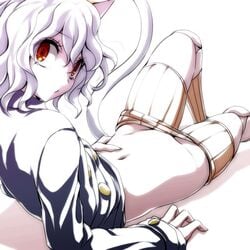 1girls animal_ears cat_ears cat_tail female female_only hunter_x_hunter looking_at_viewer looking_back lying midriff navel neferpitou pale_skin pants_down pussy red_eyes shorts simple_background solo stomach tail watarui white_background white_hair