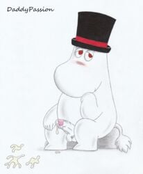 anthro balls blush bodily_fluids clothing cum daddypassion erection genital_fluids genitals hat headgear headwear hi_res humanoid_genitalia humanoid_penis male male_only moominpappa nude orgasm_from_handjob penis simple_background smile solo the_moomins top_hat