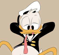 1boy 2021 accurate_art_style anatid animal_genitalia animal_penis anseriform anthro avian beak big_penis bird black_clothing bodily_fluids bottomless clothed clothing cum_leaking digital_drawing_(artwork) digital_media_(artwork) disney donald donald_duck duck ducktales ducktales_(2017) erection feathers genital_fluids genitals hands_behind_head hat headgear headwear long_penis looking_at_genitalia looking_down lying male male_only maseru on_back penis precum sailor_uniform solo solo_focus spiral_penis spread_legs spreading tail_feathers tongue tongue_out traced