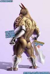 2019 advertisement anthro armor ass backsack balls biceps canid canine darknut digital_media_(artwork) fur genitals holding_object holding_sword holding_weapon looking_back male mammal markings_(fur) melee_weapon mostly_nude muscular muscular_anthro muscular_male nintendo nipples patreon pecs red_eyes simple_background solo spelunker_sal standing sword text the_legend_of_zelda video_games weapon wind_waker