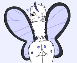 antennae_(anatomy) anthro arthropod ass backsack balls black_sclera black_wings blue_antennae blue_wings fur genitals hair insects lepidopteran looking_at_viewer looking_back looking_pleasured male moth narrowed_eyes neck_tuft prumkin rear_view solo toastie_boye tuft white_body white_eyes wings