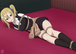 arms_behind_back blonde_hair blue_eyes bondage bound cleave_gag female fully_clothed gag hayasaka_ai kaguya-sama_wa_kokurasetai_~tensai-tachi_no_renai_zunousen~ rope tied_hair vakaosciosa