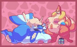 2girls anthro areola belly big_areola big_belly big_breasts black_nose blue_body blue_fur breast_rest breasts countershade_face countershade_torso countershading deep_navel dipstick_tail duo fangs female fin floatzel fur genitals hi_res huge_breasts inverted_nipples looking_at_viewer looking_down lying multi_tail multicolored_tail multiple_girls navel nintendo nipples nude on_front open_mouth orange_body orange_fur overweight overweight_anthro overweight_female peachpunch11 pokémon_(species) pokémorph pokemon pussy samurott smile standing teeth thick_thighs video_games wide_hips