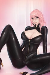 1futa balls big_breasts big_penis bodysuit breasts bulge cleavage cleavage_cutout clothed clothing dickgirl erection_under_clothes fully_clothed futa_bulge futa_only futanari high_heels human latex latex_bodysuit latex_clothing latex_suit original original_character original_characters pale_skin penis pink_hair riarfian sitting solo