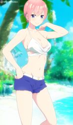 1girls absurd_res beach belly belly_button blue_eyes blue_jeans blush blush colored ear_piercing female go-toubun_no_hanayome jeans looking_at_viewer nakano_ichika pink_hair pose short_hair smile smiling smiling_at_viewer space-panda white_bra