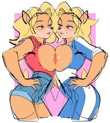 2girls anthro big_breasts blonde_hair breast_squish breasts clothing crash_(series) furry isabella_bandicoot large_breasts orange_fur tawna_bandicoot torn_clothes watatanza