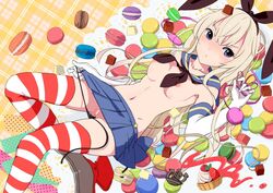 10s blonde_hair breasts censored female hair_ornament highres kantai_collection macaron navel nipples pussy s_sasaki_09140 shimakaze_(kantai_collection) small_breasts striped striped_legwear thighhighs vibrator zettai_ryouiki