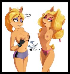 2girls anthro blonde_hair breast_envy crash_(series) exposed female furry isabella_bandicoot nipples sebnmickarts tail tawna_bandicoot topless