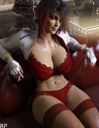 1girls 3d apex_legends artist_logo big_ass big_breasts black_hair breasts cigarette cleavage female female_only large_breasts lingerie loba_(apex_legends) looking_at_viewer navel red_hair red_lingerie rude_frog short_hair smile smirk smoking solo tattoo thick_thighs two_tone_hair