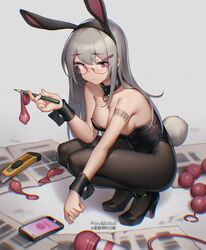 1girls animal_ears bilibili_xiaolu bunny_ears cleavage cum glasses heels high_heels knife megane pantyhose phone squatting tail vibrator