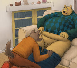 2015 anthro ass bottomwear brown_body brown_fur canid canine clothing duo fur furniture genitals humanoid_hands male male/male mammal micropenis osos overweight overweight_male pants penis shirt sitting small_penis sofa topwear undressing ursid