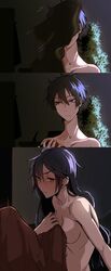 1boy 1girls after_sex artwolfaja black_hair blue_eyes blush female genshin_impact long_hair male mona_(genshin_impact) naked scaramouche_(genshin_impact) sideboob straight