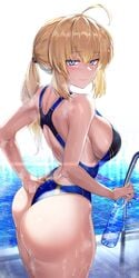 1girls artoria_pendragon big_ass big_breasts blonde_hair blue_eyes blush breasts fate_(series) hirasawa_seiji huge_ass looking_at_viewer one-piece_swimsuit pool sideboob solo swimsuit thick_thighs water_bottle wet