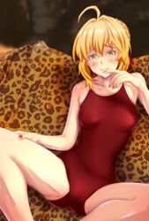 1girls ahoge blonde_hair blush cameltoe fate/stay_night fate_(series) green_eyes looking_at_viewer nero_claudius_(fate) nike_(0306) one-piece_swimsuit red_one-piece_swimsuit red_swimsuit sitting solo swimsuit