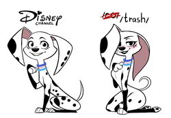101_dalmatian_street 101_dalmatians 1girls 4chan all_fours anthro black_eyes black_nose black_spots blush canine collar comparison curvy curvy_figure dalmatian disney dolly_(101_dalmatians) female feral freckles full_body fur grin hand_on_chest long_ears looking_at_viewer mammal seductive smile spots tail thick_thighs white_fur